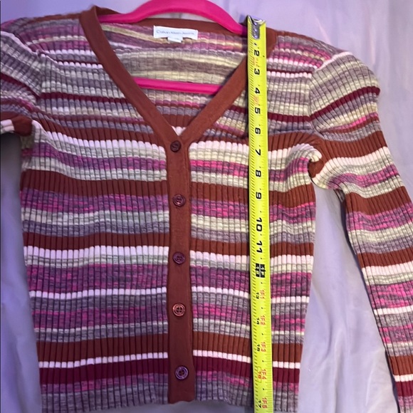 Calvin Klein Striped Cardigan Sweater in Deep Burgundy and Light Pink - Picture 4 of 4